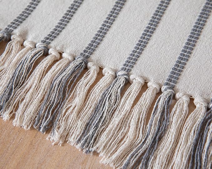 Caflife Boho Table Runner 90 Inchs Long Grey and Beige, Cotton and Linen Woven - Image 5