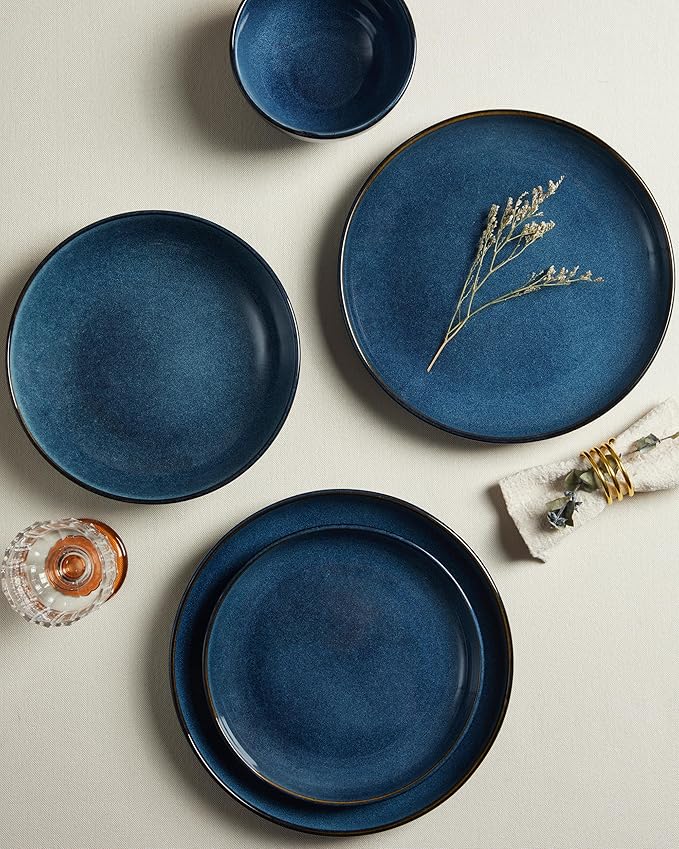 16 Piece Double Bowl Dinnerware Sets with Pasta Bowls, Highly Chip and Crack Resistant Plates and Bowls Sets, Natural Earthyware Ceramic Dishware Sets, Service for 4 Starry Blue