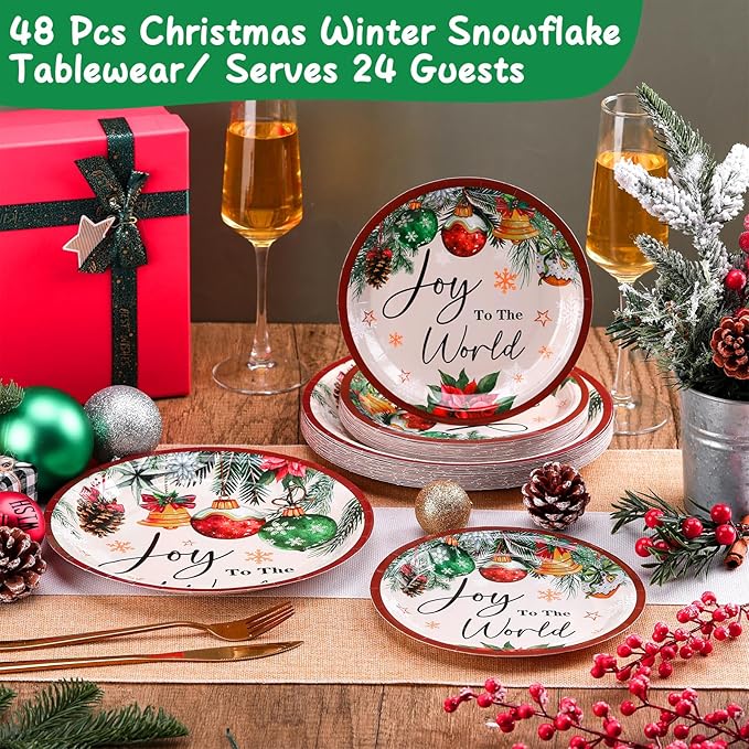 48 Pcs Christmas Paper Plates Include 9 Inch Joy to The World Plate 7 Inch Watercolor Pine Xmas Ball Plate for Holiday Party Supplies