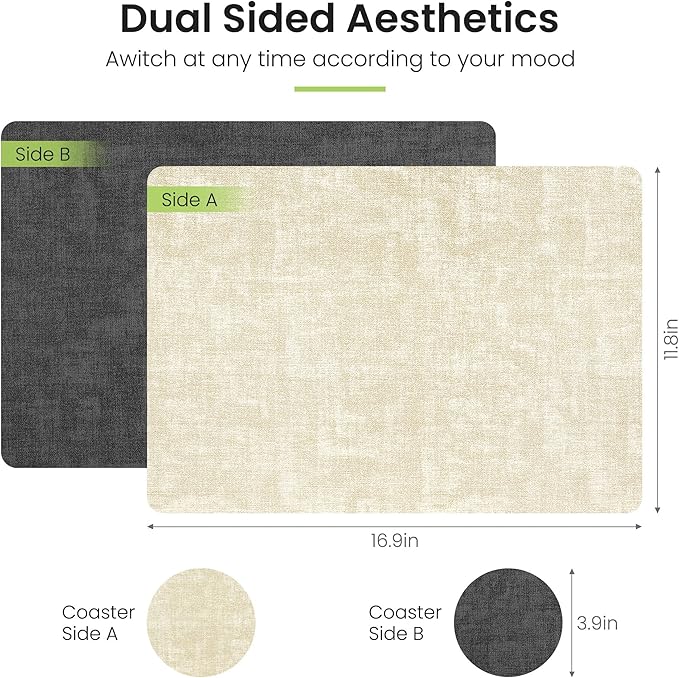 Placemats Set of 4, Faux Leather Heat Resistant Wipeable Placemats, Dual Sided Waterproof Oilproof Washable Table Mats with Coaster, Suitable for Kitchen, Dining, Table Decor (4, Black Beige)