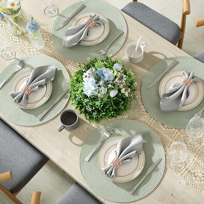 AHHFSMEI Round Braided Placemats 15 Inch Round Table Mats for Dining Tables Natural Woven Heat Resistant Place mats Set of 6 (Sage Green)