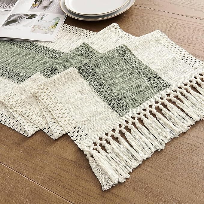 EMMTEEY Boho Table Runner with Tassels 94 Inches Long, Sage Green | Handmade by EMMTEEY