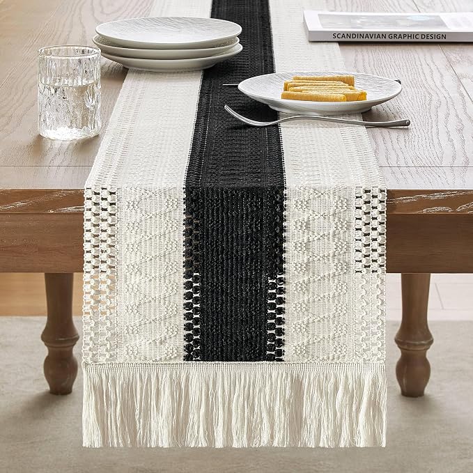 Macrame Style Bicolor Stitching Table Runner, 12 x 108 Inch Black/Ivory - Image 2
