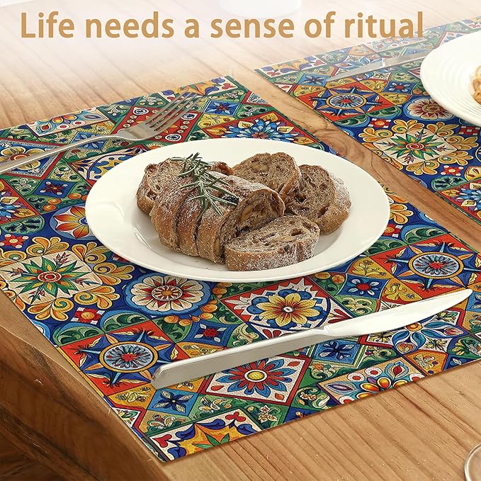 Mexican Tile Placemats Set of 6,Geometric Floral Table Mates Non-Slip Heat Resistant Washable Linen Place Mats for Party Kitchen Dining Decoration Indoor Outdoor 12"x18"