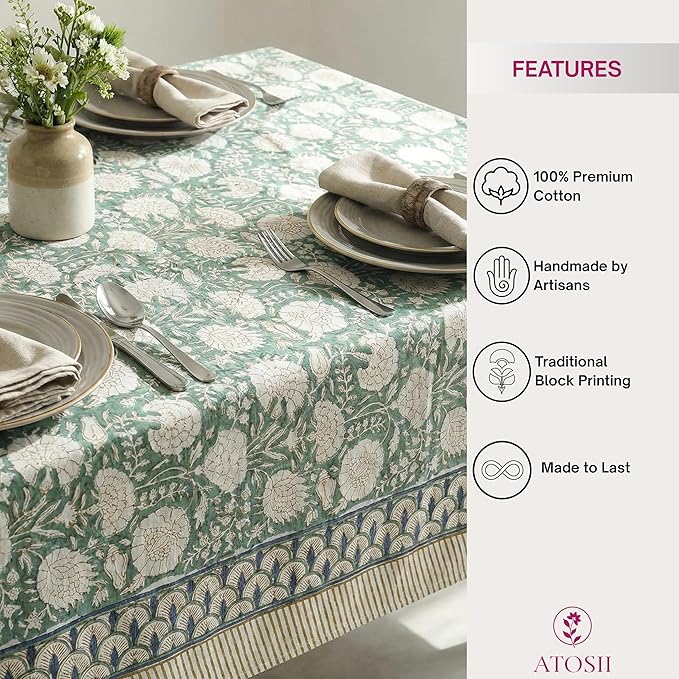 ATOSII Jade 100% Cotton Rectangle Summer Tablecloth, Block Print Floral Table Cloth Linen for Dining, Parties, Weddings, Outdoors I Grand Millennial Decor 60 X 108 Inches I 8 Seater I Memorial Day