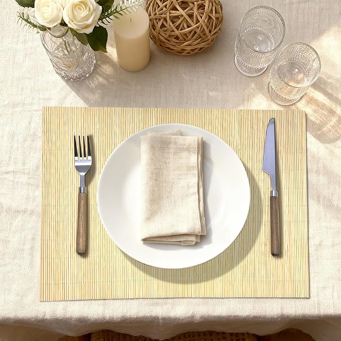 6-Pack Bamboo Placemats,Woven Heat-Resistant Rectangular Table Mats, Natural Dining Place Mats, Rustic Japanese Style Wood Mats for Indoor Dining, Kitchen and Party Use, Beige