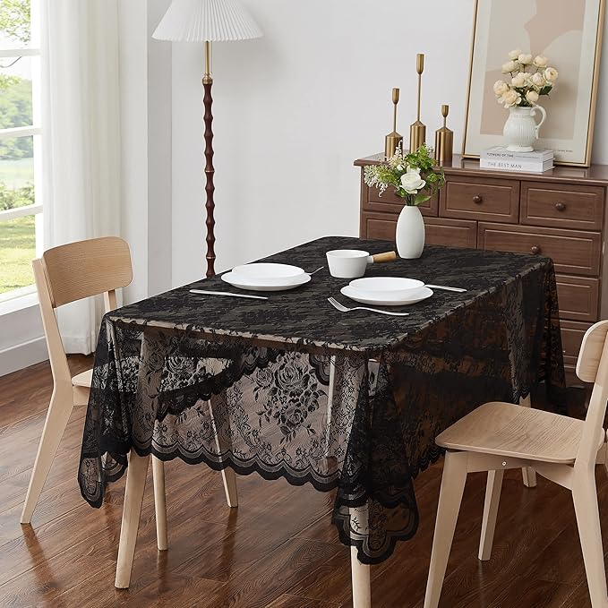 Warm Home Designs 60 x 120 Lace Tablecloth. Black Rectangle Tablecloth with English Rose Design. Rectangular Tablecloth, Rustic Tablecloth or Dining Table Cover for 10-12 Guests. LTC Black 120"