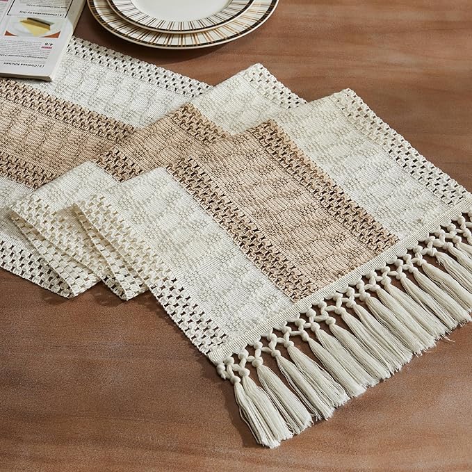 Macrame Style Bicolor Stitching Table Runner 14x48in Taupe | Woven Boho Table by ZEEMARTONLINE