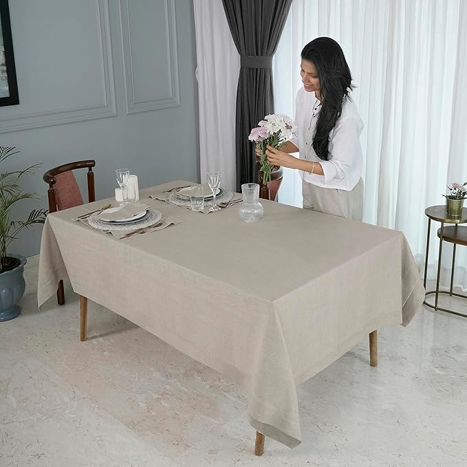 D'Moksha Homes Natural Linen Tablecloth 60 x 108 Inch - 100% Pure Linen Natural Table Cloth for Rectangle Tables - Classic Hemstitch, Machine Washable Tablecloth for Valentines, Spring, Easter