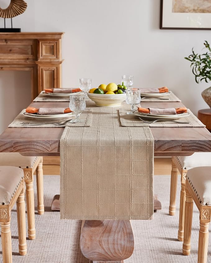 Linen Checked Farmhouse Table Runner, 13x90 Inches Taupe | Raised Grid Design - Image 2
