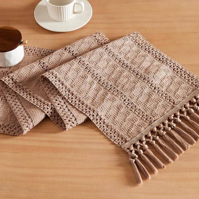 Macrame Style Boho Table Runner, 12x60 Inch Taupe | Woven Boho Table Runner by ZEEMARTONLINE