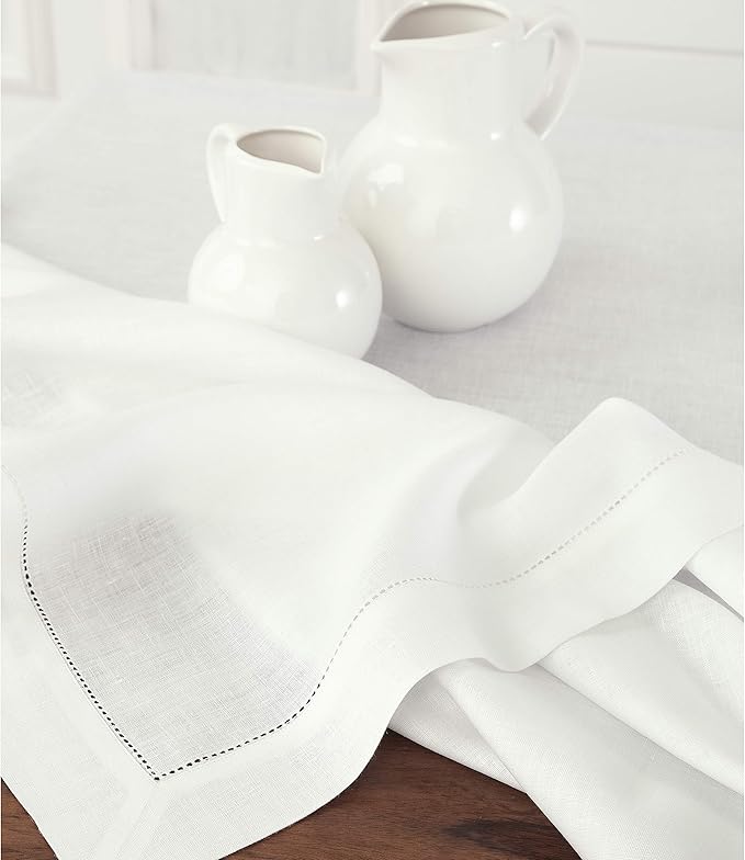 Solino Home Linen Tablecloth for Rectangle Tables 60 x 90 Inch - Classic Hemstitch 100% Pure Linen White Table Cloth - Machine Washable Cloth Tablecloth for Winter, Valentines, Spring, Easter