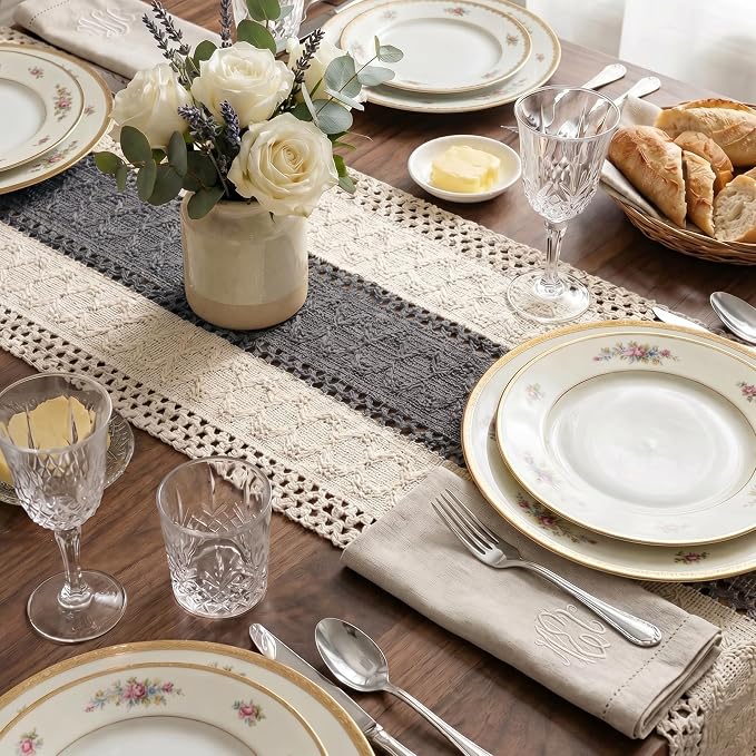 Boho Macrame Table Runner with Tassels 48in Grey Farmhouse Runner | Macrame - Image 5
