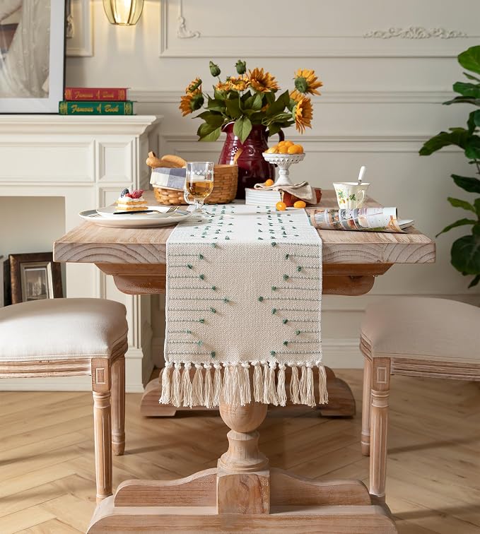 Boho Table Runner 13 x 108 Inch Long Natural Cotton Woven Runner - Image 6