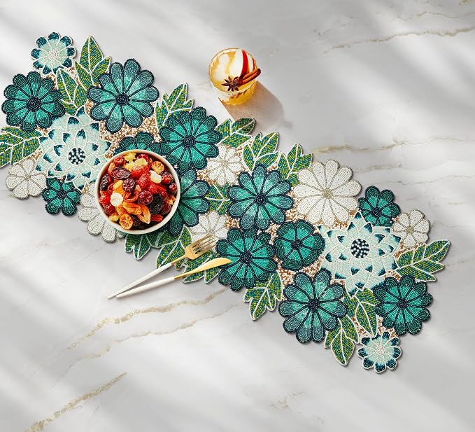 Beaded Table Runner Decore 36 inches Long Christmas Flower Design Beaded Table - Image 3
