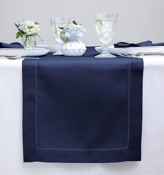 Solino Home Linen Navy Blue Table Runner 48 Inches - Classic Hemstitch, 100% Pure Linen Coffee Table Runner 14 x 48 Inch Ideal for Dresser Tables - Easter