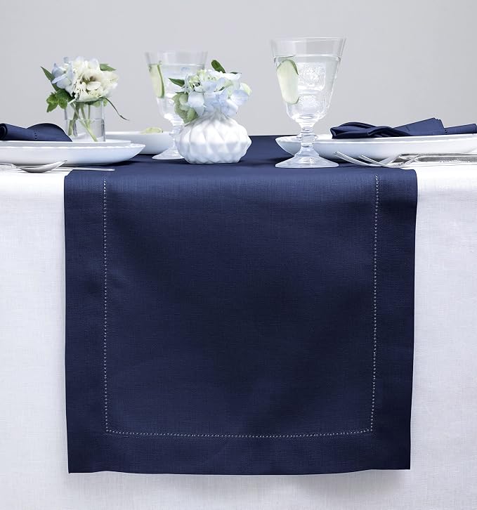 Solino Home 100% Pure Linen Dining Table Runner Navy Hemstitch, 14 x 108 in | by SolinoHome