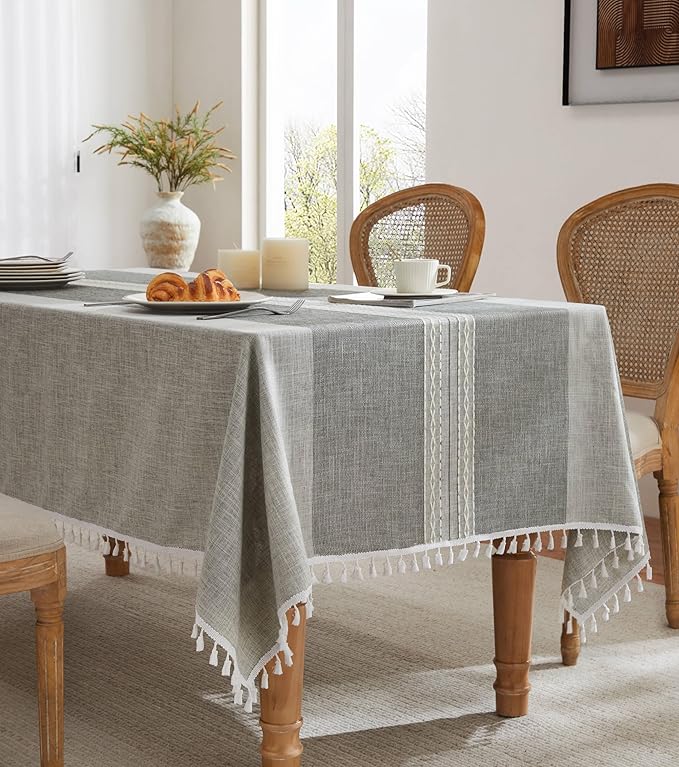 ZeeMart Contrast Linen Table Cloth Rectangle Table Cloths 60x104 Inch Mid-Stripe Grey, Farmhouse Style Heavy Weight Grey Tablecloth, Water Resistant Burlap Tablecloths