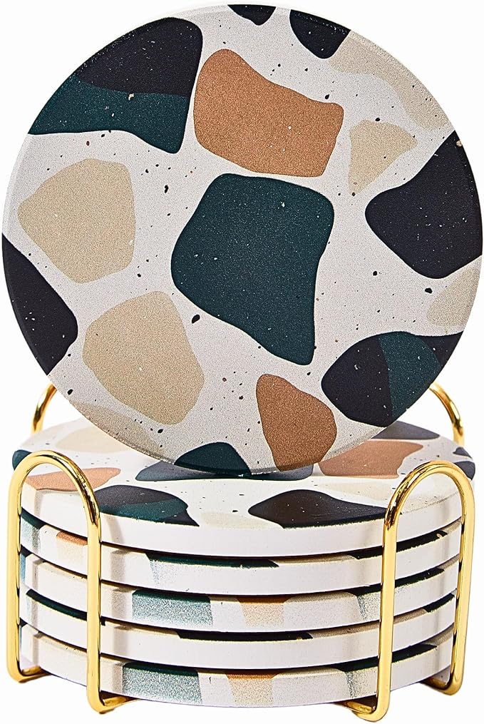 Terrazzo Coasters Set of 6, Ceramic Absorbent Drink Coasters, Cute Moisture Absorbing Coaster, Coffee Table Desk Decor, Colorful Stone Coaster for Drinks (Midnight)