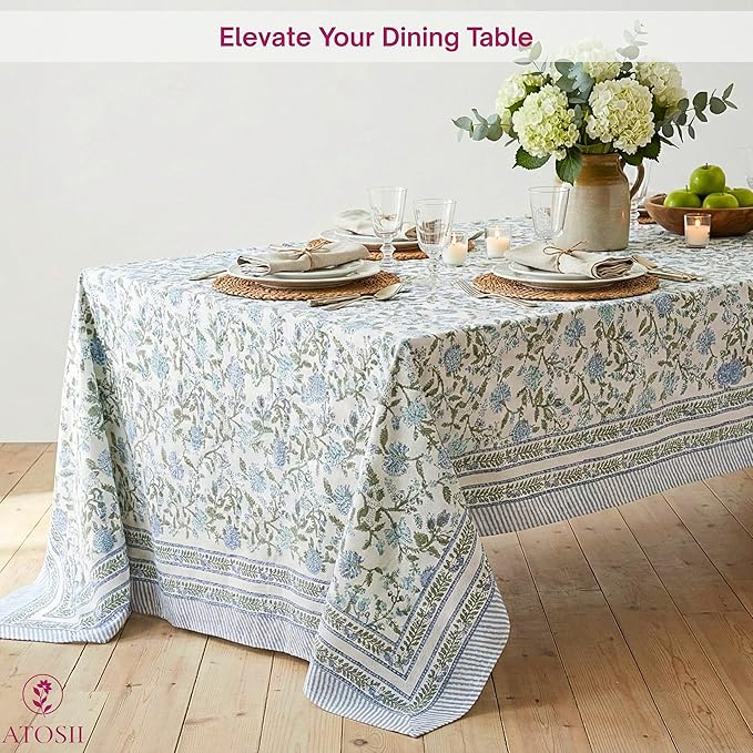 ATOSII Mahoka Blue 100% Cotton Rectangle Tablecloth, Handblock Floral Print Linen Table Cloth for Kitchen Dining I Parties, Outdoors, Weddings, Holidays, Summer I 72 X 108 Inches I 8 Seater