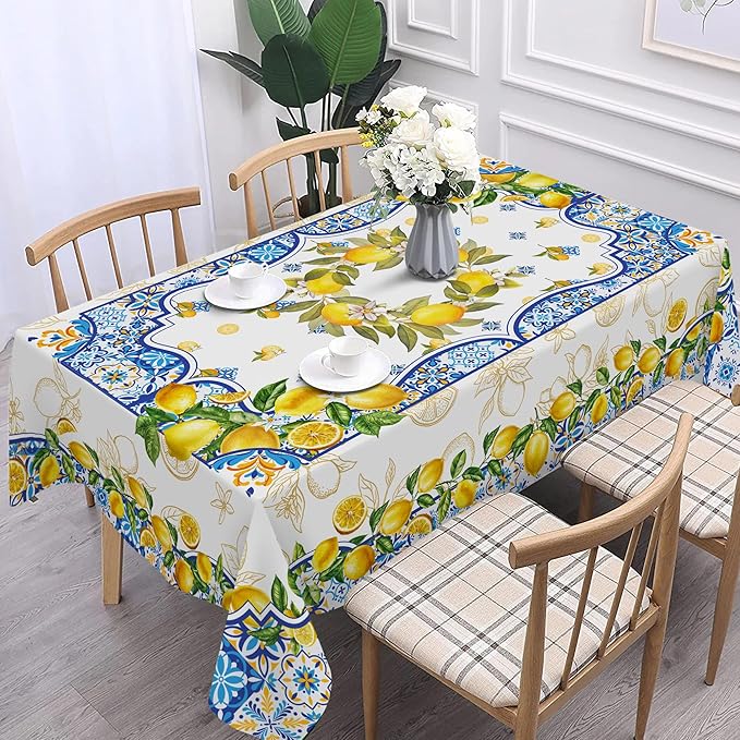 Lemon Tablecloth 60 x 104 Inch Rectangle, Yellow and Blue Mediterranean Summer Decor Tile Flower Pattern Table Cloth Italian Themed Decor for Party Oblong Table Cover for Dining Room
