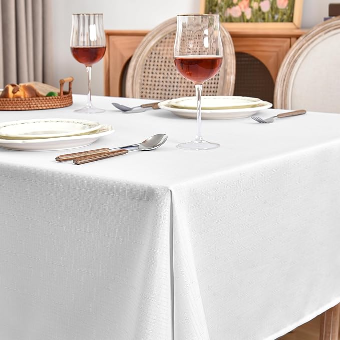 Fitable Linen Textured Tablecloths 2 Pack, Faux Burlap Rectangle Table Clothes for 6 Foot Tables, Rustic Table Covers for Buffet, Banquet, Kitchen Dining, Party, Farmhouse (White, 54 x 108 Inch)