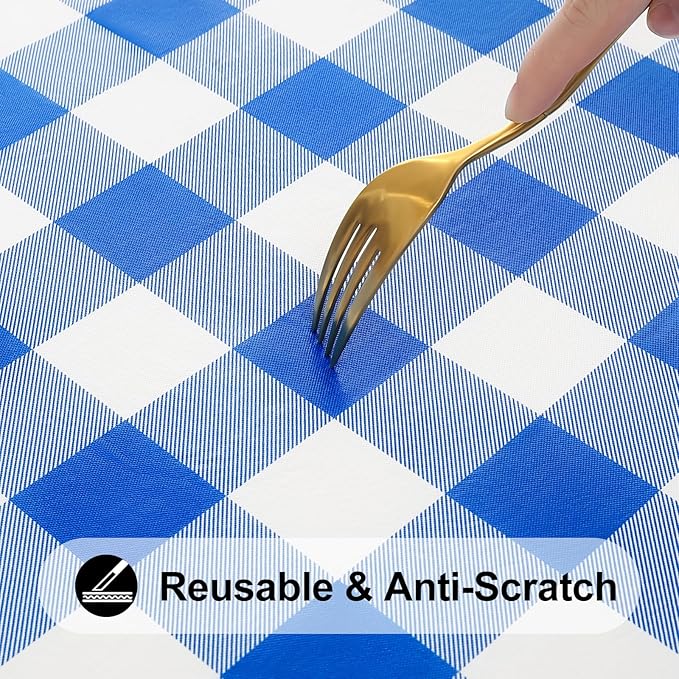 Smiry Rectangle Picnic Table Cloth, Elastic Waterproof Fitted Vinyl Tablecloths, Flannel Backed Buffalo Plaid Table Covers for Dining, Camping, Outdoor (White and Blue, 24" x 48")
