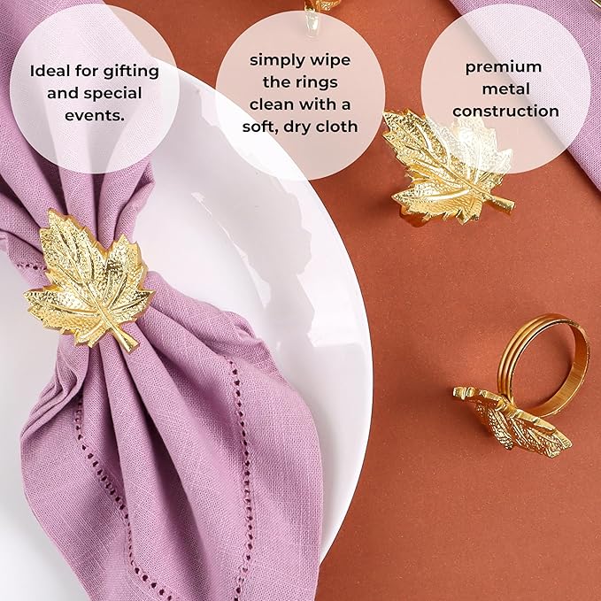 CLEENTABLE Maple Leaf Napkin Rings Set of 12 - Handcrafted Aluminum Napkin Holders for Cloth & Paper Napkins, Elegant Table Décor for Weddings, Thanksgiving, Christmas & Holiday Parties (Gold)
