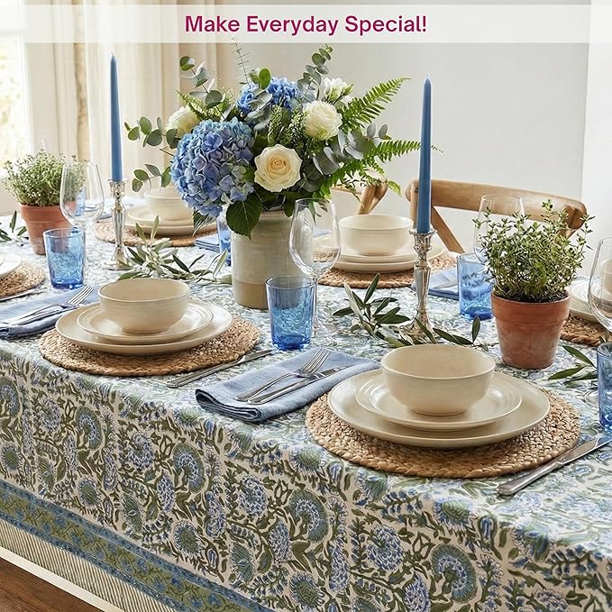ATOSII Clover Blue 100% Cotton Rectangle Fall Tablecloth, Handblock Floral Linen Table Cloth for Kitchen Dining Table I Parties Christmas Thanksgiving I Fall Home Decor 60 X 90 Inches I 6 Seater