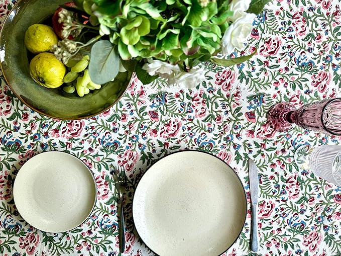 ATOSII Ambrosia 100% Cotton Rectangle Boho Spring Summer Tablecloth, Handblock Floral Table Cloth Linen for Kitchen Dining Parties Wedding Outdoors Easter Decor 60 X 108 Inches I 8 Seater