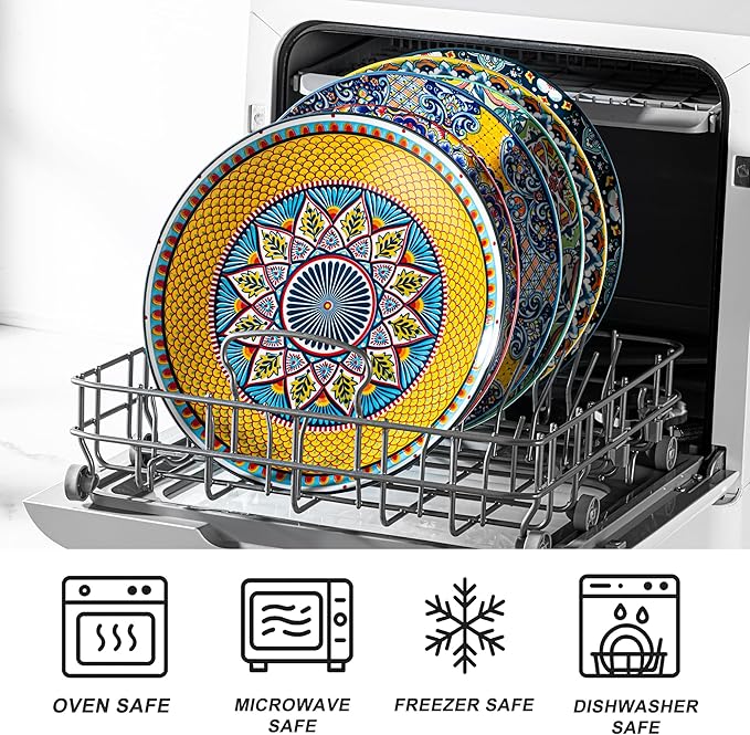 HENXFEN LEAD Dinner Plates Set of 6-10.5 Inch Large Ceramic Plates, Colorful Serving Dishes for Kitchen & Restaurant, Dishware, Microwave & Oven safe - Bohemian Style