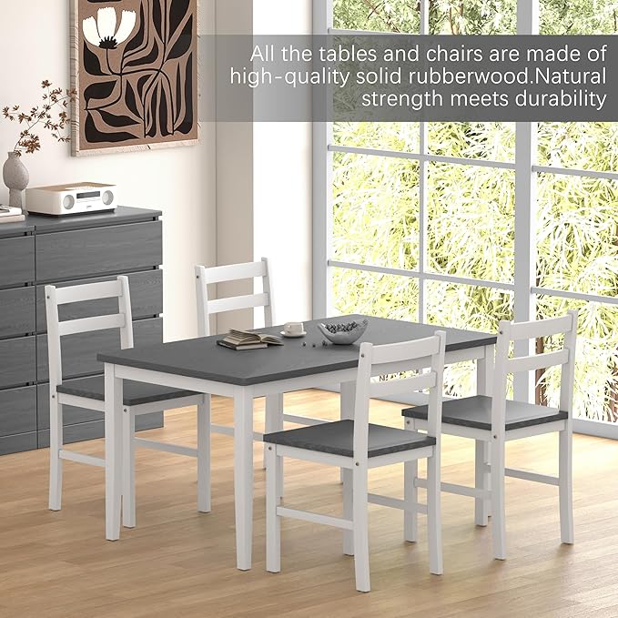 5 Piece Dining Table Set, Solid Wood Dining Table Set for 4, Farmhouse Table and 4 Chairs Set, 43.3'' Rectangular Kitchen Table Set for 4, Grey & White