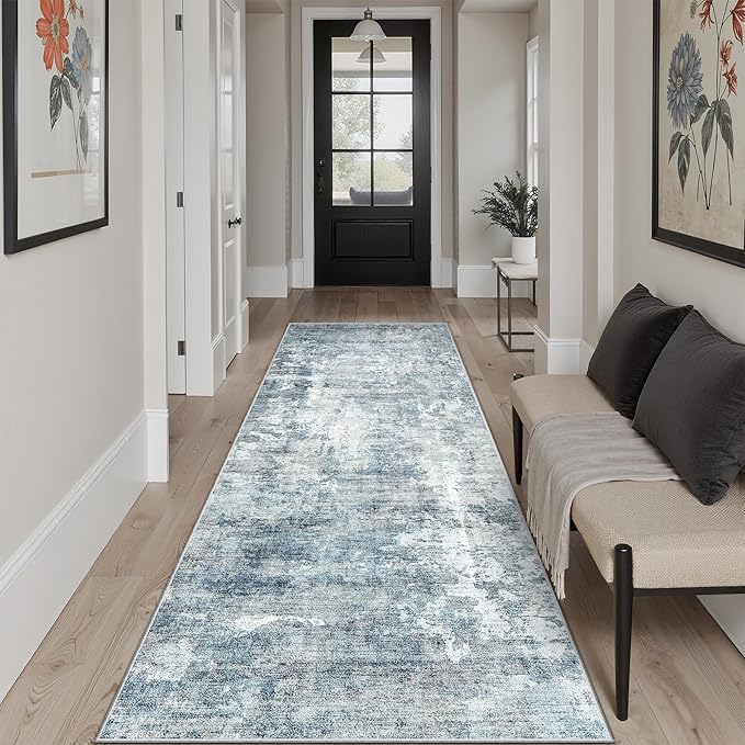 Runner Rug 2'x10' Abstract Washable Non-Slip Runner Rugs for Kitchen Bathroom Laundry Room Blue Vintage Floor Carpet Runners for Hallway Entryway