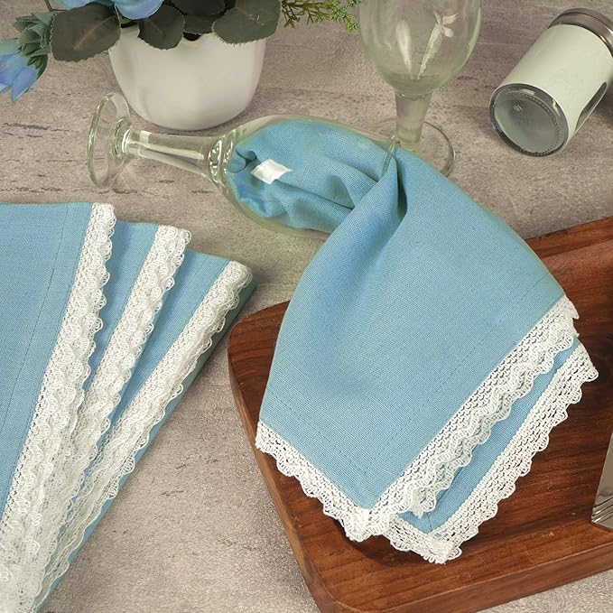 Fingercraft Dinner Cloth Napkin Cotton Linen Blend 12 Pack Mitered Corners with Elegant Lace for Everyday Use Napkins are Pre Shrunk and Good Absorbency Sky Blue, 20in x 20in (Set of 12)