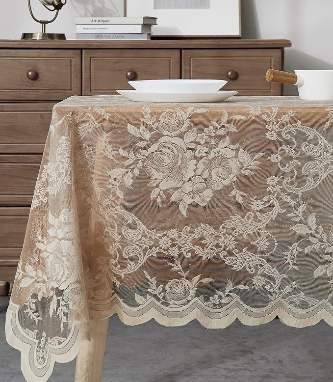 Warm Home Designs 60 x 84 Lace Tablecloth. Gold Linen Rectangle Tablecloth with English Rose Design. Rectangular Tablecloth, Rustic Tablecloth or Dining Table Cover for 6-8 Guests. LTC Linen 84"