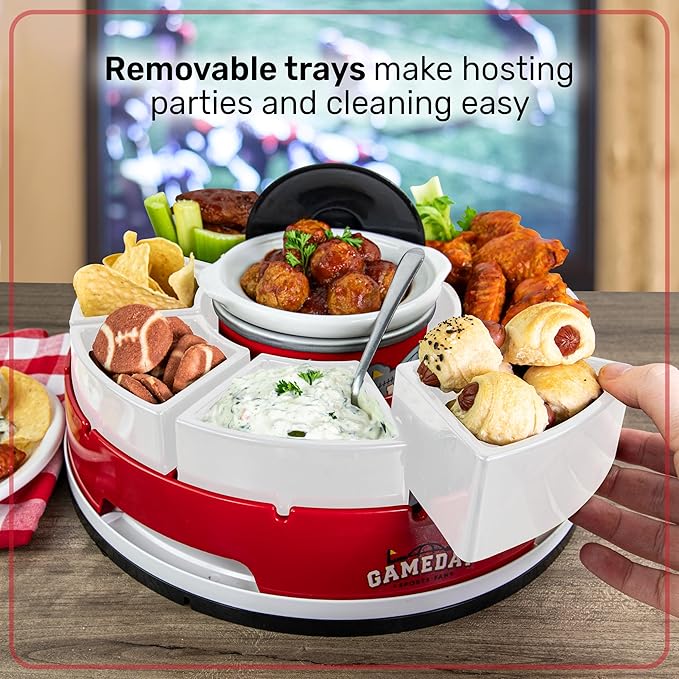 Nostalgia Gameday Heated Slow Cooker and Lazy Susan Serving Set for Parties, Fondue Pot for Dips and Nachos, Red/White