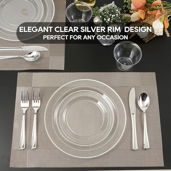 FOCUSLINE 100 Clear Silver Plastic Plates 10 Inch, Disposable Clear Plates - Image 6