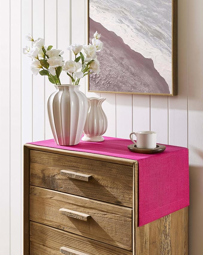 Linen Textured Border Table Runner, 14 x 60 Inch Hot Pink | Mitered Corner - Image 2
