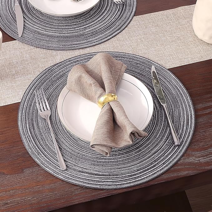 SHACOS Round Braided Placemats Set of 6 Round Table Mats 15 inch Cotton Washable for Holiday Party (Black Grey, 6)