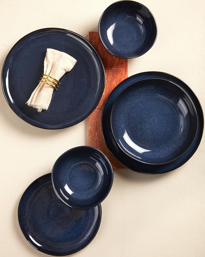 Stoneware Pasta Bowls Set of 6, 8.26" Large Serving Bowls, Chip Resistant Plate Bowls, Salad Serving Bowl for Lunch, Unique Irregular Look, Starry Blue
