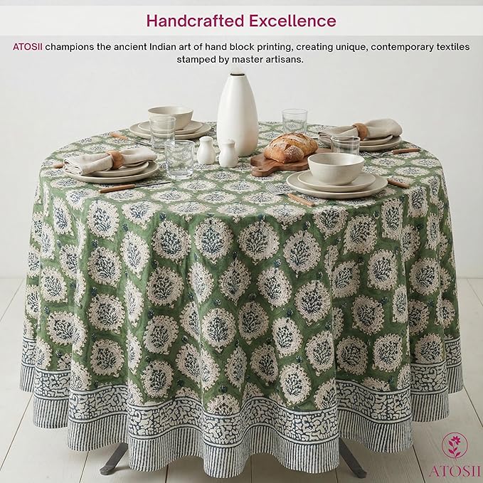 ATOSII Kari Green 100% Cotton Round Boho Spring Summer Tablecloth, Block Print Floral Table Cloth Linen for Dining, Parties, Weddings, OutdoorsI Home Table Decor 90" Inches Round