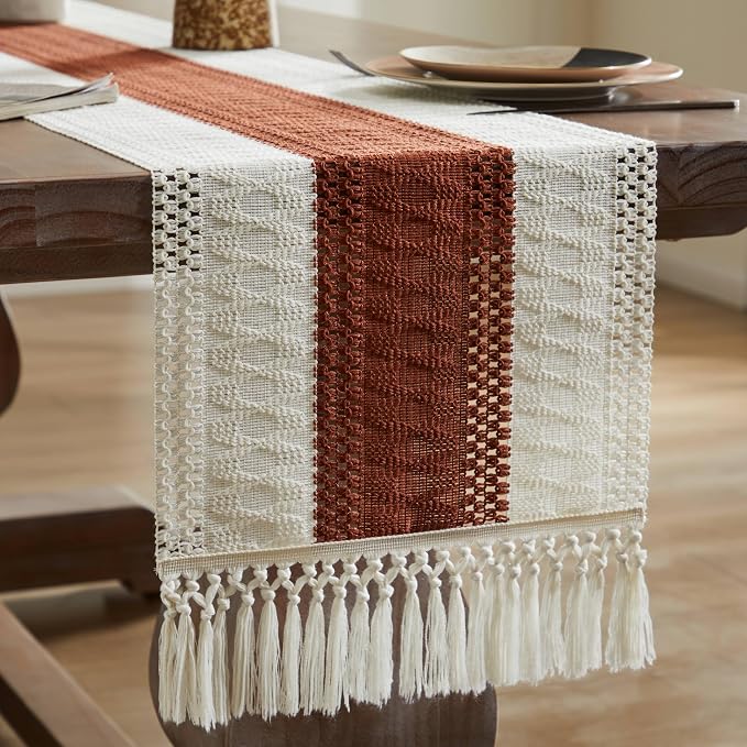 Macrame Style Bicolor Stitching Table Runner 14x60in Terracota | Woven Boho - Image 7