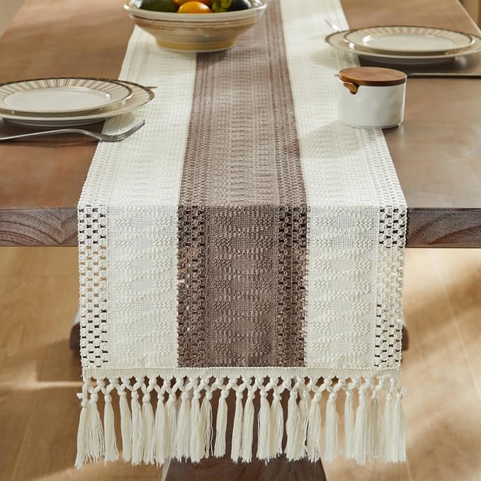 Macrame Style Bicolor Stitching Table Runner 14x72in Cocoa Brown | Woven Boho - Image 3