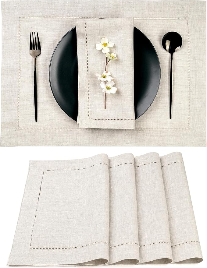 D'Moksha Homes Light Natural Linen Cloth Placemats Set of 4-100% Pure Linen Hemstitch Placemats 14 x 19 Inch - Classic Hemstitch Table Place Mats for Valentines, Easter - Machine Washable
