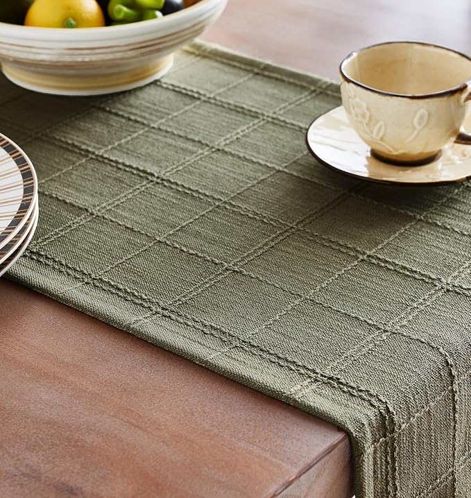Linen Checked Farmhouse Table Runner, 13x72 Inches Olive | Raised Grid Design - Image 5