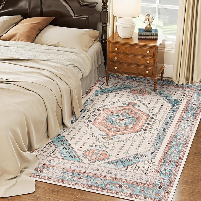 HOMCOM Washable Area Rug, 5'x7' Vintage Indoor Distressed Carpet, Retro Floor Cover Foldable, Floral Print Mat for Living Room, Bedroom, Dining Room, Brown and Blue