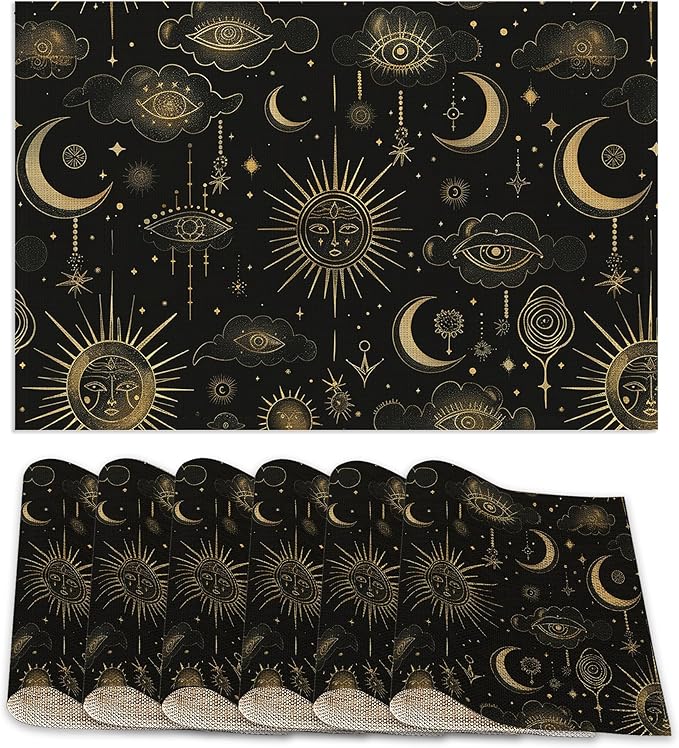 Placemats Set of 6,Moon Sun Table Mats,Vintage Boho Washable Linen Table Mats,Non-Slip Heat Resistant Placemats for Party Kitchen Dining Indoor Outdoor 12"x18"