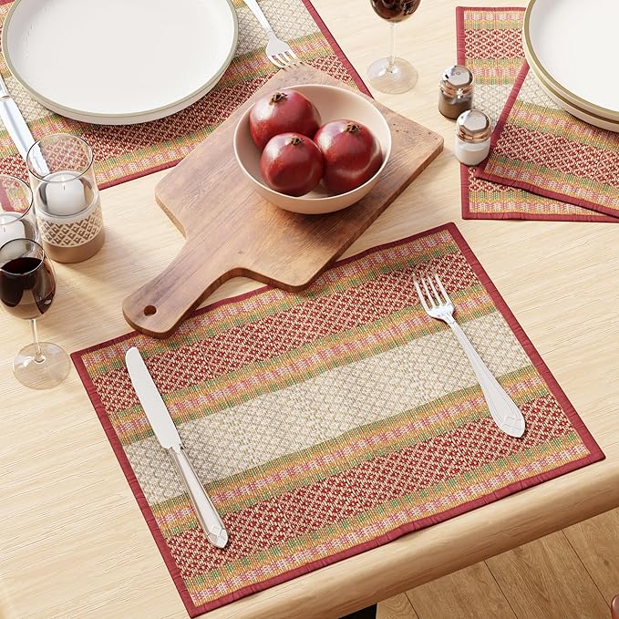 Encasa XO Woven Red Placemats Set of 4 – 12" x 17" | Handwoven Madurkathi Grass Table mats for Dining Table, Kitchen & Outdoor Decor | Durable & Heat‑Resistant