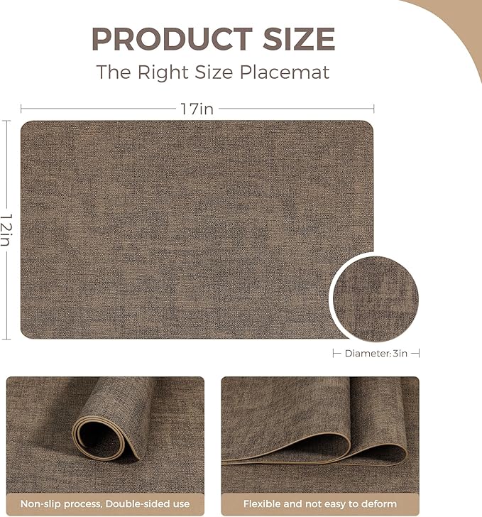 Vinyl Placemats Set of 4, Faux Leather Waterproof and Heat Resistant Place Mats, Washable Anti-Slip Table Mats with Coaster, Wipeable Placemats for Indoor & Outdoor 17" x 12" (Dark Coffee, Set of 4)