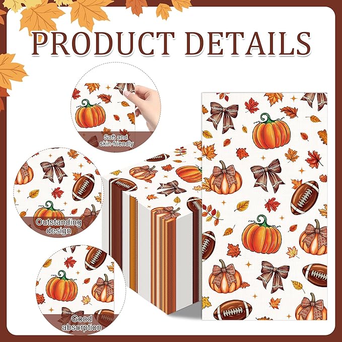 Fall Football Pumpkin Napkin - 100 Pcs Maple Leaves Pumpkin Rugby Decorative Cocktail Napkins Set, Autumn Sports Game Day Disposable Paper Hand Towels, Thanksgiving Party Decorations Supplies